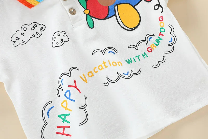New Summer Suits for Baby Cartoon Print Kids Short Sleeve Letter Polo Shirts +denim Shorts Toddler Boy Casual Clothing Outfits