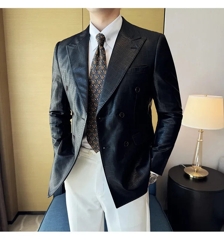 High Quality Square Grid Double Breasted Leather Jacket Fashion Business Slim Fit Casual Men Suit Blazer Tuxedos Men Clothing
