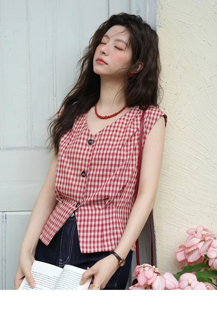 Women's Fashion V-neck Shirt 2026 Summer New Plaid Ladies Red Button Shirt Casual Retro Top Female Clothing MXE37X1921