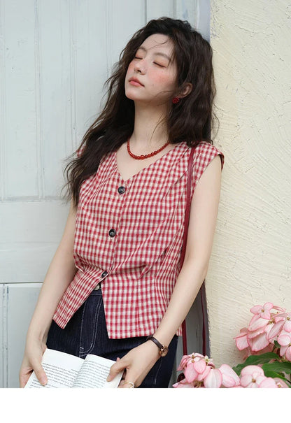 Women's Fashion V-neck Shirt 2026 Summer New Plaid Ladies Red Button Shirt Casual Retro Top Female Clothing MXE37X1921