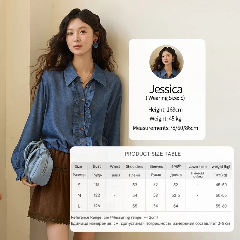 Blue Lyocell Imitation Denim Shirt for Women Autumn 2025 Ruffled Placket Contrasting Button Waist Cinc Shirt MXE43C2386