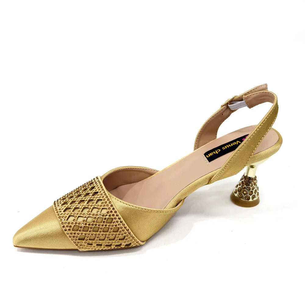 2025 New Summer Collection Stylish Italian Women’s Shoes and Bag Set in Gold Colour - Comfortable Mid Heels With Rhinestones