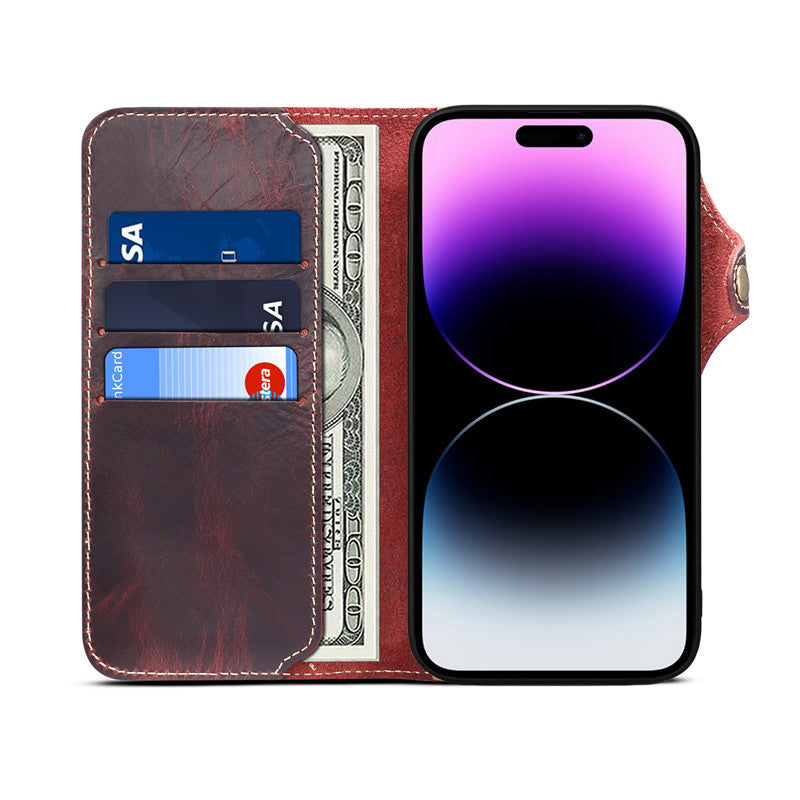 Genuine Leather Wallet Phone Case for iPhone 14 15 Plus 12 13 Pro Max 11 XS XR 6S 7 8 SE Holder Cover With Hand Strap