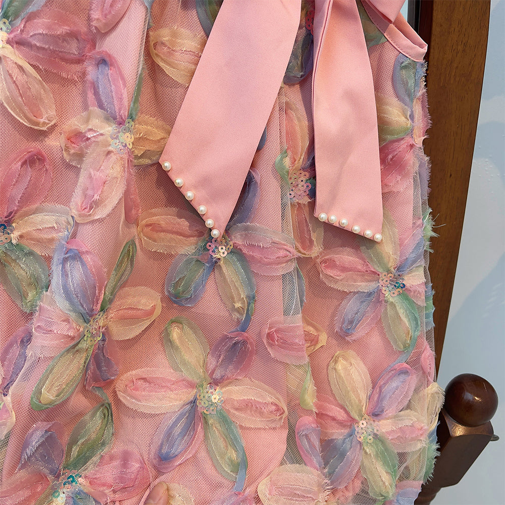 Bear Leader Girl Dress 2025 Summer New Girl Dress Princess Dress Little Girl Fashion Colorful Flower Yarn Dresses Kid Clothes
