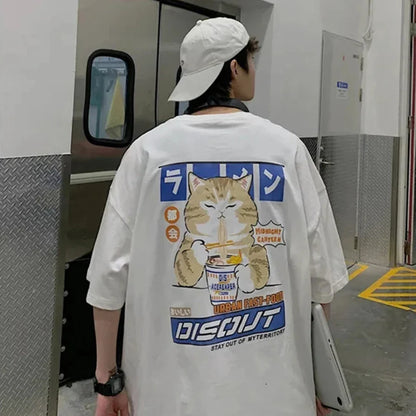 Harajuku Cat Cartoon Eating Noodles Graphic Men Women Tshirts Casual Short Sleeve Tees Japan Style Oversized T Shirt Clothing