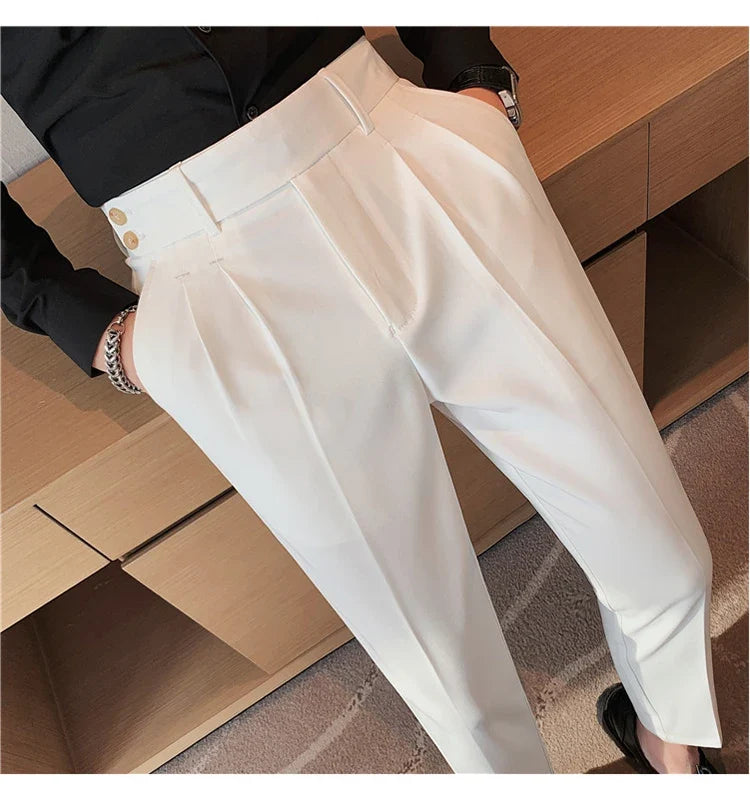 British Style Twill Pleat Design Naples High Waist Casual Trousers Fashion Man Slim Simple Social Party Suit Pant Plus Size 38