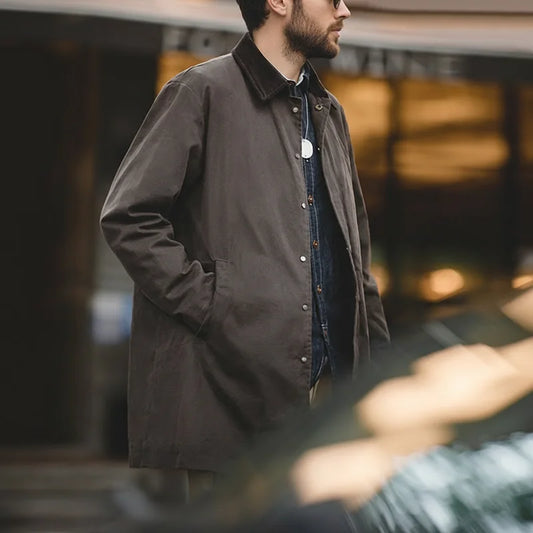 Men's Vintage Waxed Windbreaker Corduroy Turn-down Collar Mid-length Overcoat Windproof and Waterproof Trench Loose Jacket