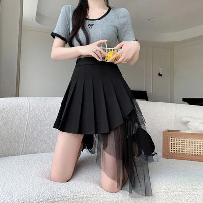 Mesh Patchwork Pleated Skirts Women High Waist Fashion Slim Sexy Mini Skirt Korean Sweet Preppy Style Spring Summer A Line Skirt