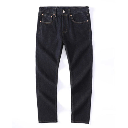 Men's Japanese Handmade Embroidered Cotton Jeans Straight Tube Slim Fit Hip-Hop Trousers Red Ear Detail Devil Big M Golden Text