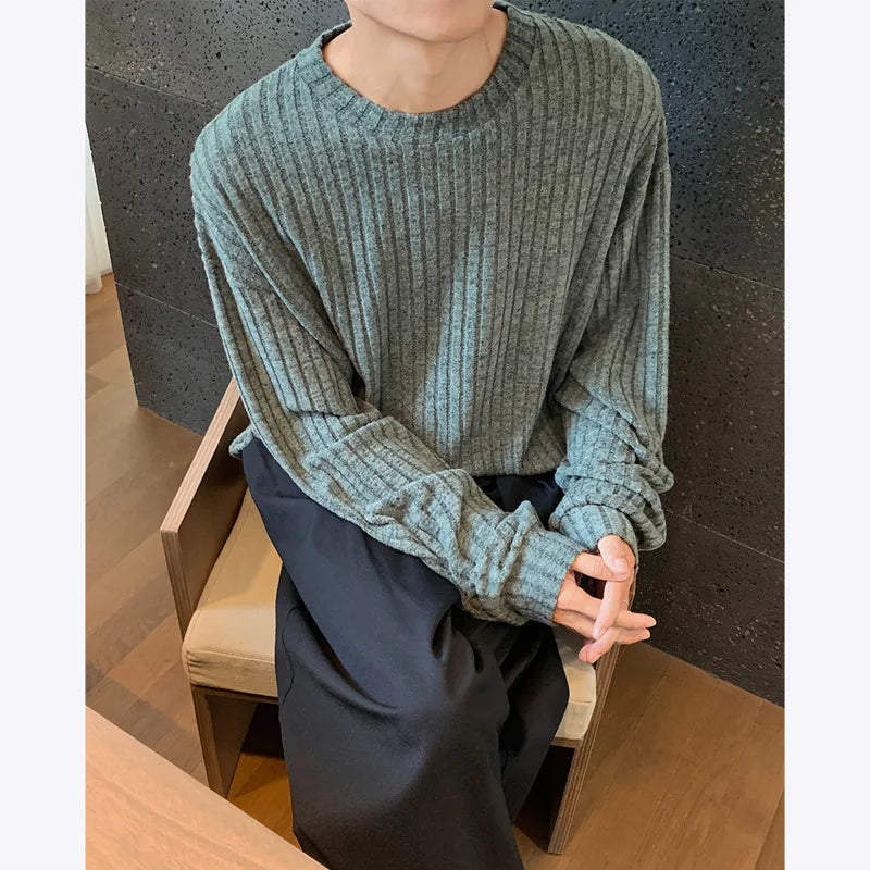 Autumn Long Sleeved T-shirt Men Oversized Fashion Casual Striped T Shirt Men Streetwear Korean Loose Round Neck Tshirt Mens Top