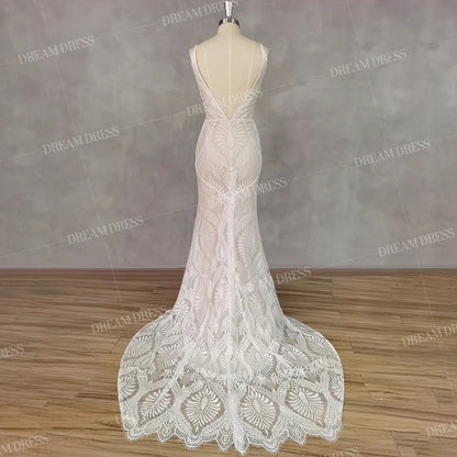 Customized Sexy Lace V Neck Beach Mermaid Wedding Dresses Elegant Spaghetti Straps Bridal Gowns Backless Vestidos De Novia