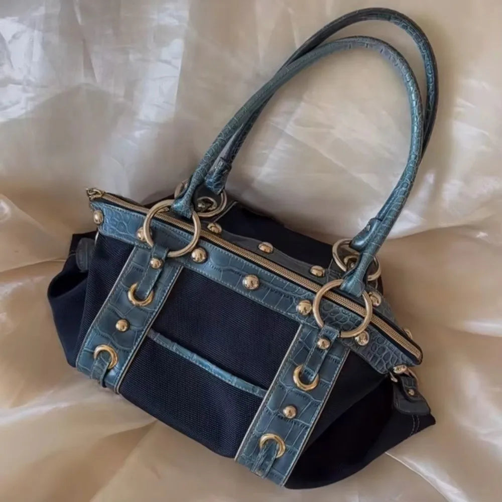 Vintage Style Y2K Patchwork Shoulder Bag Riveted Design Large Capacity Underarm Bag Handbags Women Casual Wear