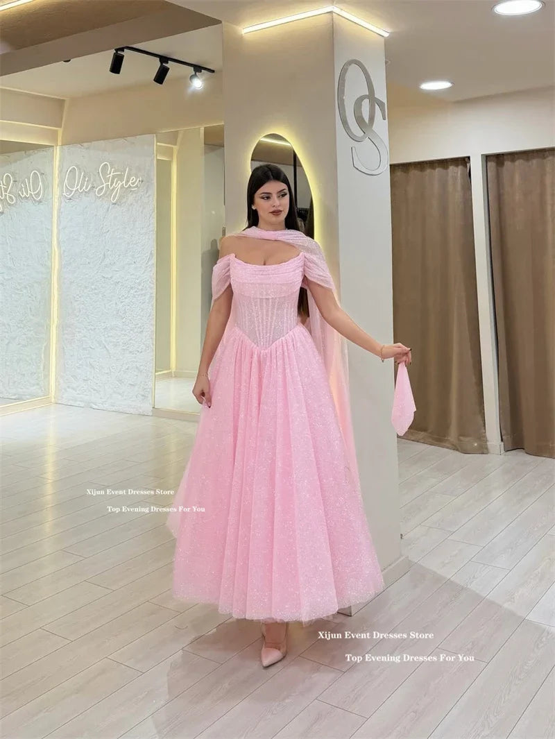 Xijun Glitter Pink Evening Dresses Off The Shoulder A-Line Ankle Length Prom Dresses Formal Ankle Length Prom Gowns Customized