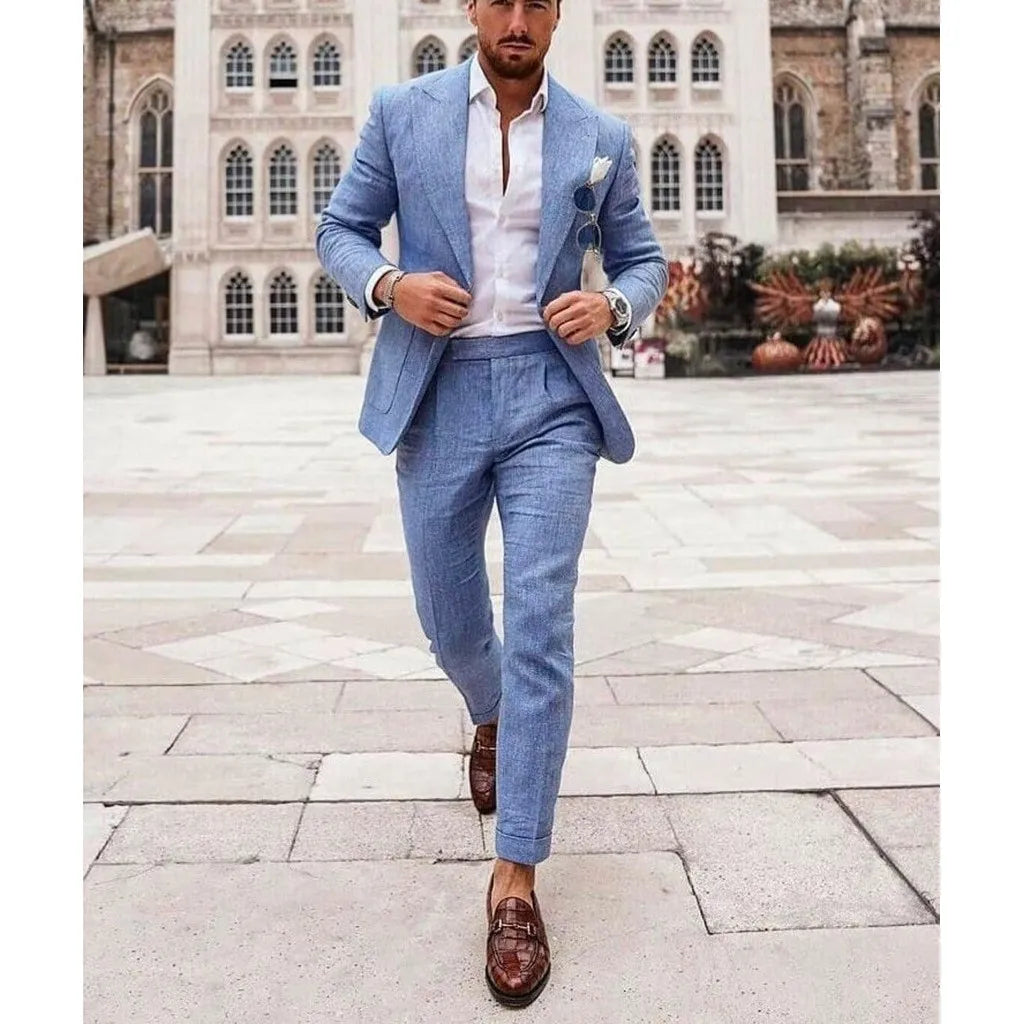 Men's Linen Suit 2 Piece Slim Fit Suit Summer Beach Wedding Suit Groosmen Prom Tuxedo Linen Blazer Pants Set
