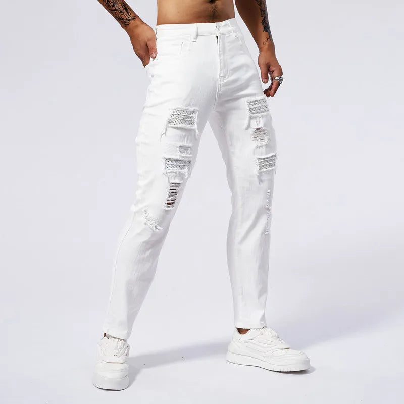 White Jeans Men's Cotton Skinny Elastic Ripped Hole Fashion Korean Denim Pants Rock Slim Trousers Hip-hop Streetwear