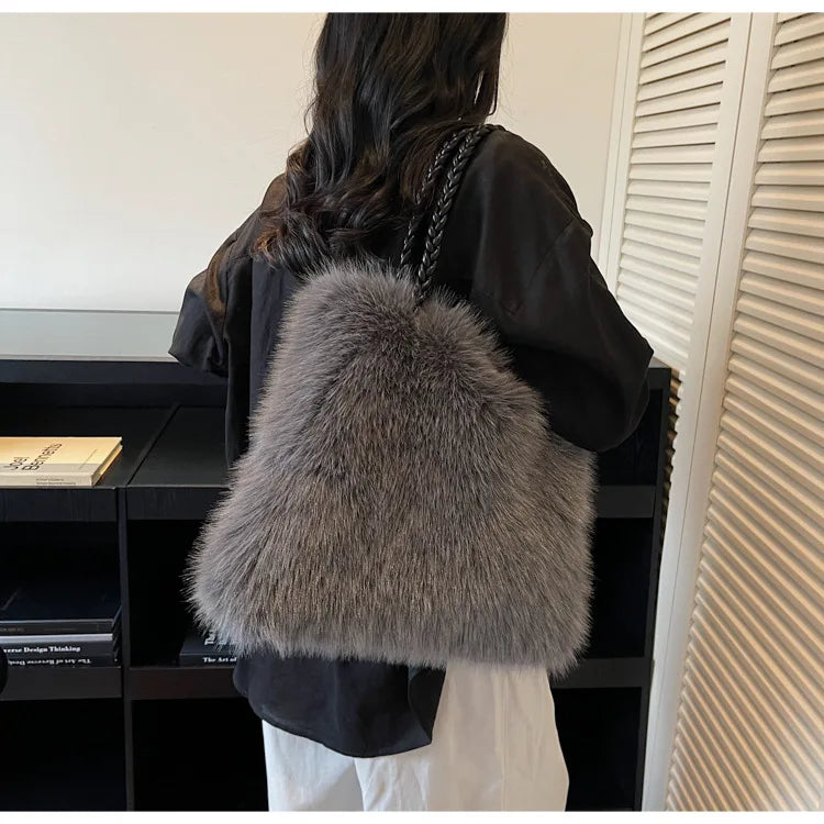 Fashion Women Furry Shoulder Bag Large Capacity Tote Handle Bag for Autumn Winter Outing Commuter Texture Versatile Storage Bags