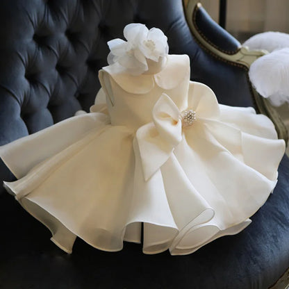 Children White Lace Tulle Dresses Evening Party Kids Sleeveless Ball Gowns 1st Birthday Baby Girl Princess Ceremonial Dress