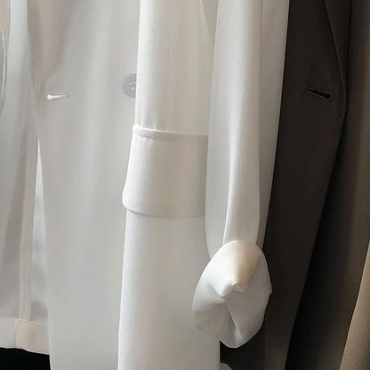 All-match Turn-down Collar Solid Color Pockets Button Chiffon Cardigan Shirt Coats Formal Women's Clothing Spring Summer Tops