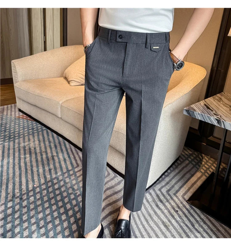 High Quality Modal Acetate Elastic Waist Casual Pants 2026 Spring Summer New Men's Solid Color Slim Fit Business Suit Pants