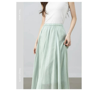 Women's Gray Elegant Skirt 2026 Summer Elastic Waist Sheen Flowy A Line Long Skirt for Woman Ladies Clothes 162QG4909