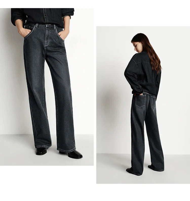Semir Jeans Women Wide Leg Fleece Lined Comfortable High Waist Winter 2025 New Floor-Length Pants with Leg-Elongating Effect
