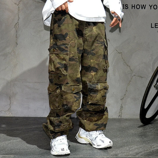 High Quality Vintage Multi-Pocket Camo Cargo Pants Mens Clothing High-End Fabric Tactical Baggy Pants Thick Casual Work Trousers
