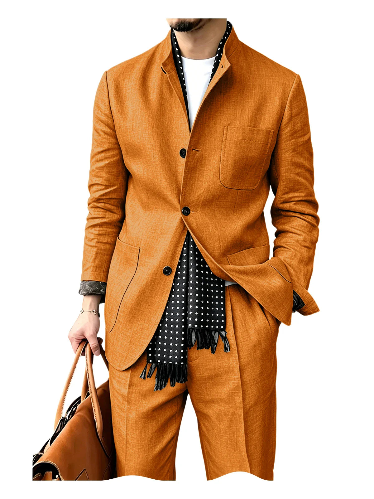 Men's Linen Blend 2 Piece Suit Set Stand Collar Breathable Casual Blazer Pants For Business Daily Wear