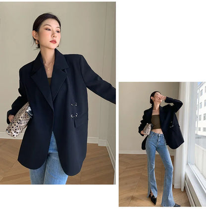 Women Black Oversize Casual Jacket New Lapel Long Sleeve Loose Blazer Fashion Pin Office Ladies Suits Coat Spring Autumn 2023