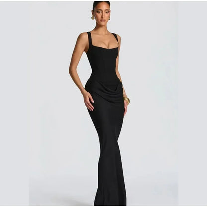 Sexy Square-neck Halter Long Dress Women 2025 Pleated Sleeveless Backless High Waist Bodycon Dresses New Summer Lady Party Gowns