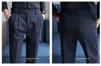 Pure Color Male Business Wedding Dress Pants Fashion Unique Design Men Waist Adjustable Suit Pant No Belt Slim Trousers Homme