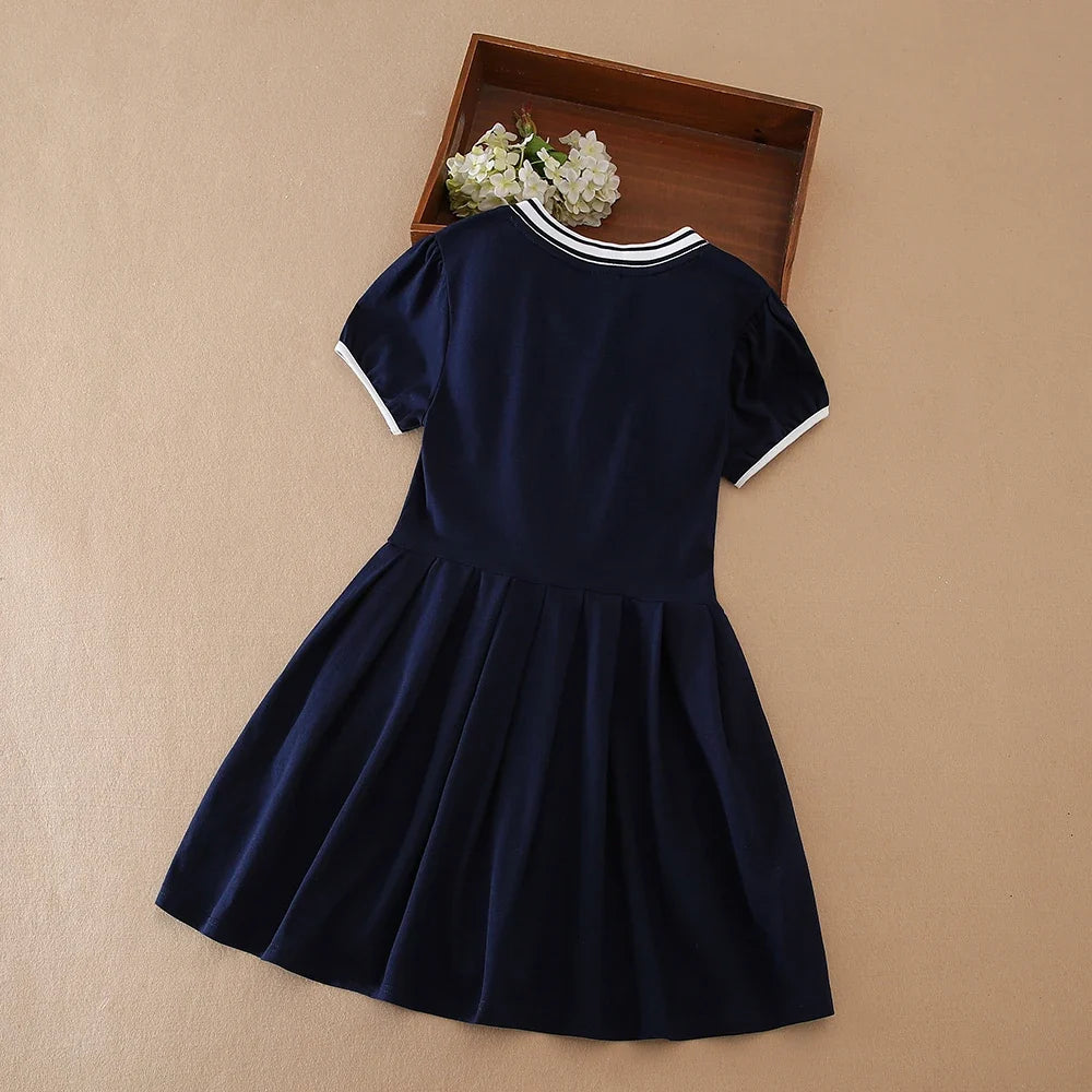 Girls' Navy Summer Dress V-Neck Polo Pleated Dress for School 5-12 Years Girls Clothing