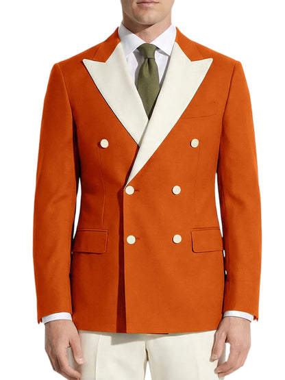 Classic Men's Tuxedo Jacket White Peak Lapel Patched Double Breasted Slim Fit Blazer for Business Formal Wedding Groom Prom Coat