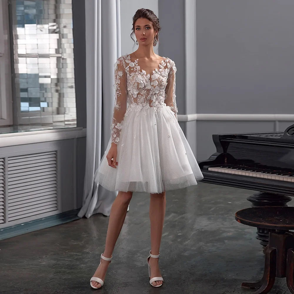 Chic Short Wedding Dress Custom Bridal Gown See Through 3D Flowers Glitter Tulle Long Sleeves A Line Midi Civil Bride Dresses