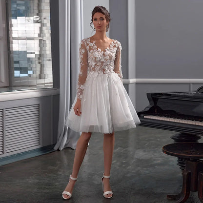 Chic Short Wedding Dress Custom Bridal Gown See Through 3D Flowers Glitter Tulle Long Sleeves A Line Midi Civil Bride Dresses