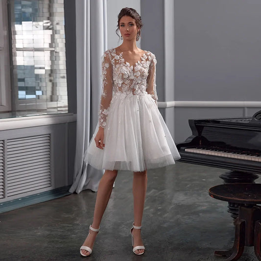 Chic Short Wedding Dress Custom Bridal Gown See Through 3D Flowers Glitter Tulle Long Sleeves A Line Midi Civil Bride Dresses