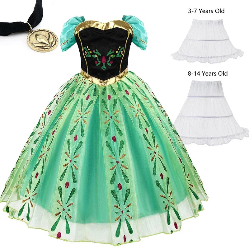 Girls Princess Anna Dress Birthday Party Dresses Halloween Disguise Cosplay Costume Fancy Green Dress Up Fantasia Anna Costumes