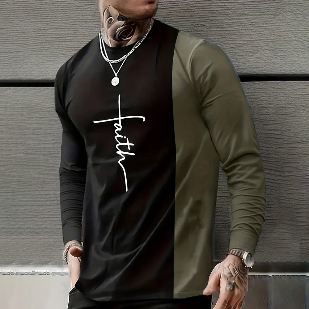 Vintage T Shirt 3D Simple Cross Print Casual Long Sleeve Men's Loose O Neck Comfortable Sweatshirt European Clothing 7Xl