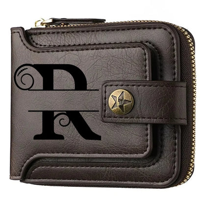 Portefeuille court en cuir PU personnalisé avec chaîne pour homme, portefeuille bifold marron élégant avec nom et texte gravés pour la Saint-Valentin et les anniversaires