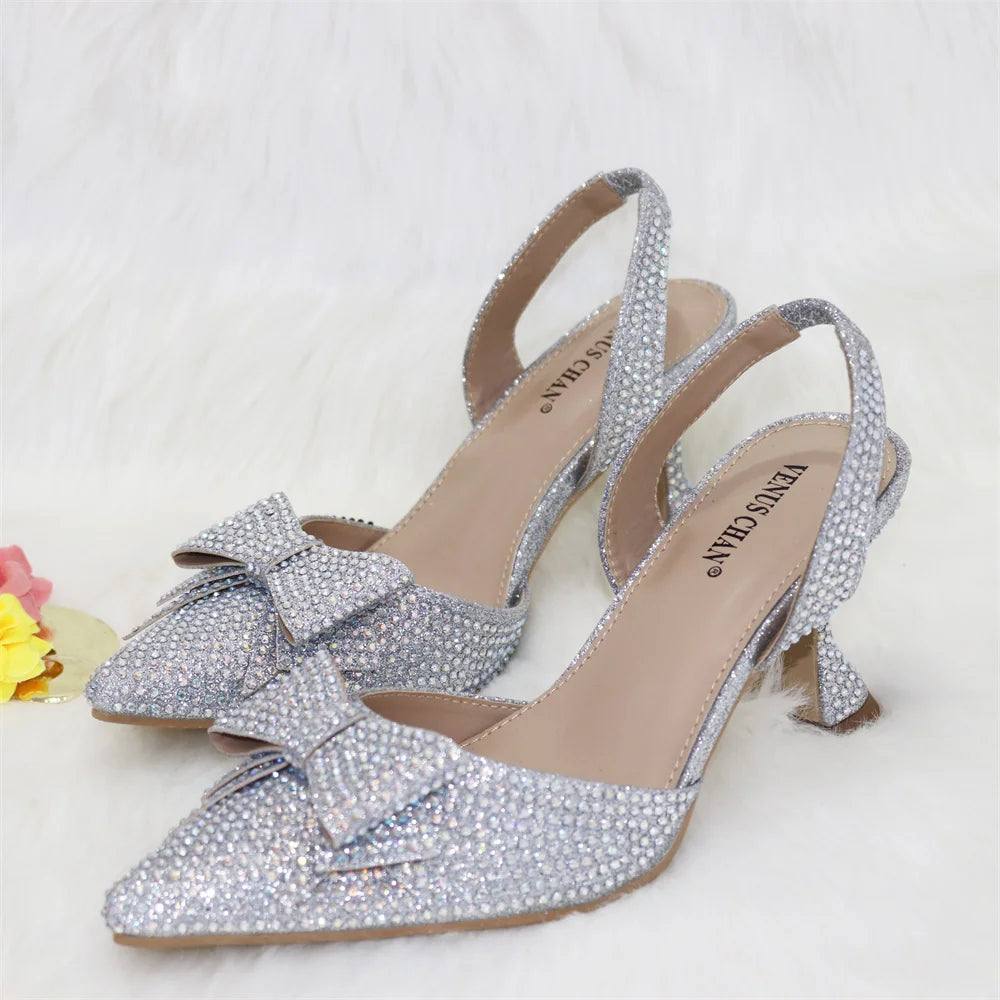 New Silver Simple And Comfortable Streamlined Pointed Shoes Fashionable And Versatile Party Ladies Shoes And Bag Set