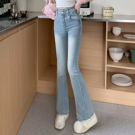 Woman Daily Vintage Blue Flare Jeans Female High Waist Stretch Bell Bottom Pants Girls Kawaii Lace Bow Decoration Denim Trousers