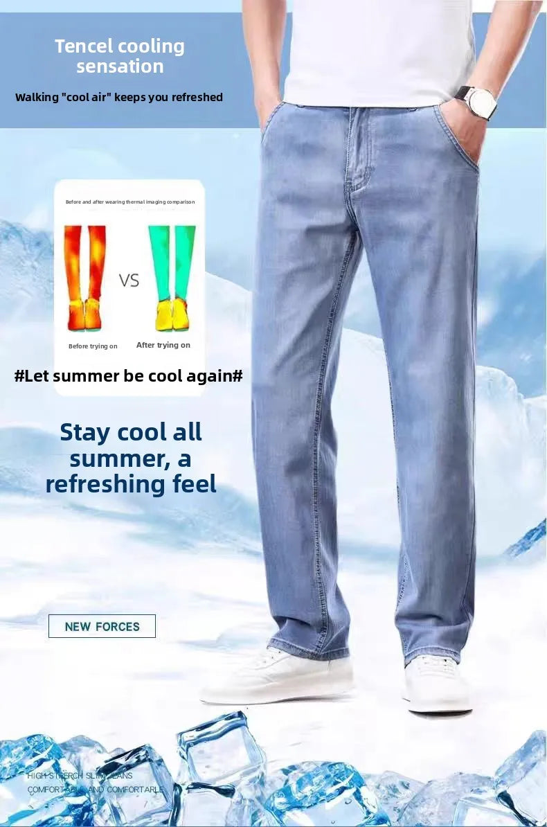 Summer Thin Straight Loose Wide Leg Pants Men's Silk Smooth Denim Jeans Casual Long Trousers Business Gentleman Style Water W...