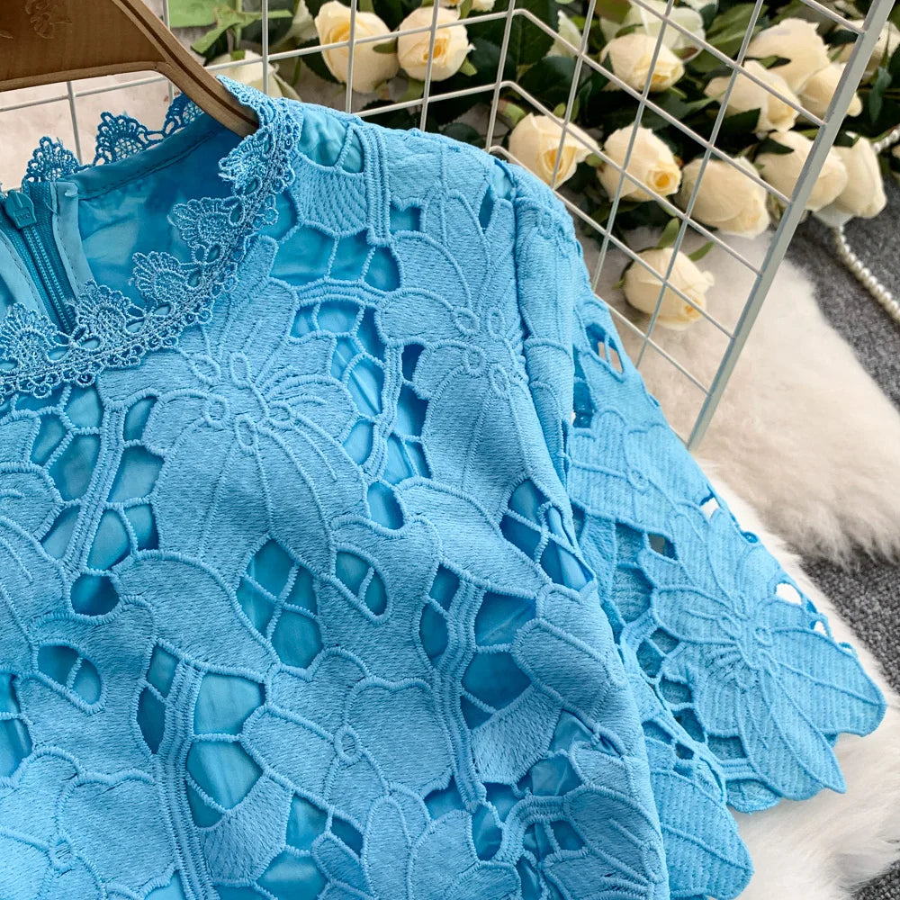 Ele Summer Lace round Ne Dr Women's High Waist Slimming Long Skirt Korean Sle Commute High Softn Regular Sve