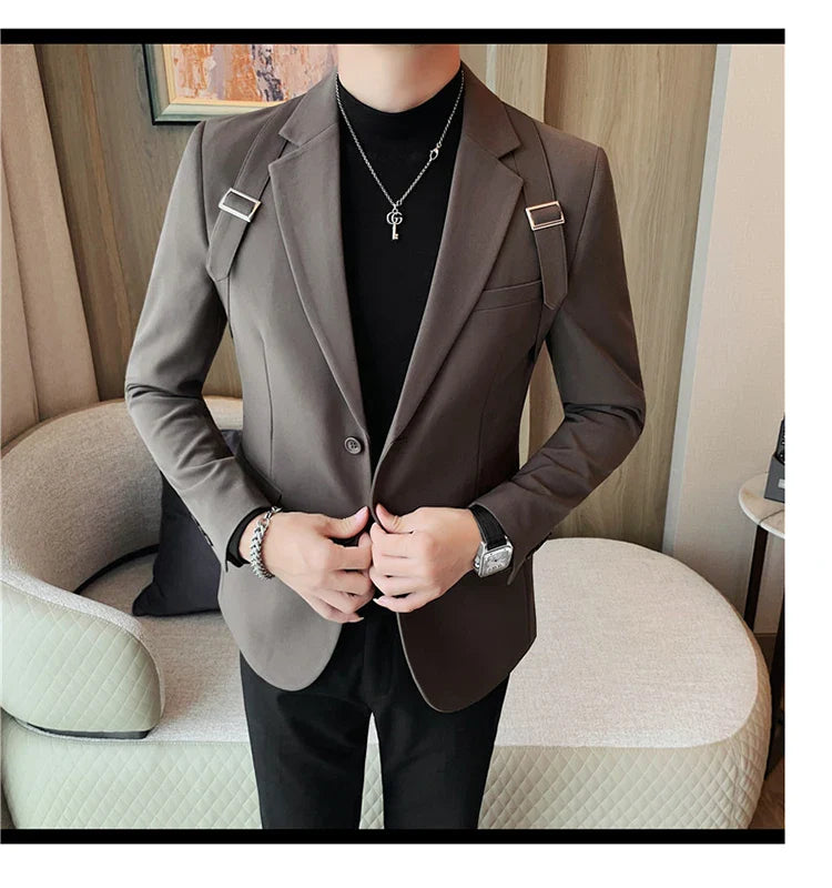 2024 Autumn Winter New Strap Decoration Suit Jacket for Men Fashion Slim Casual Business Blazers Groom Wedding Social Tailcoat