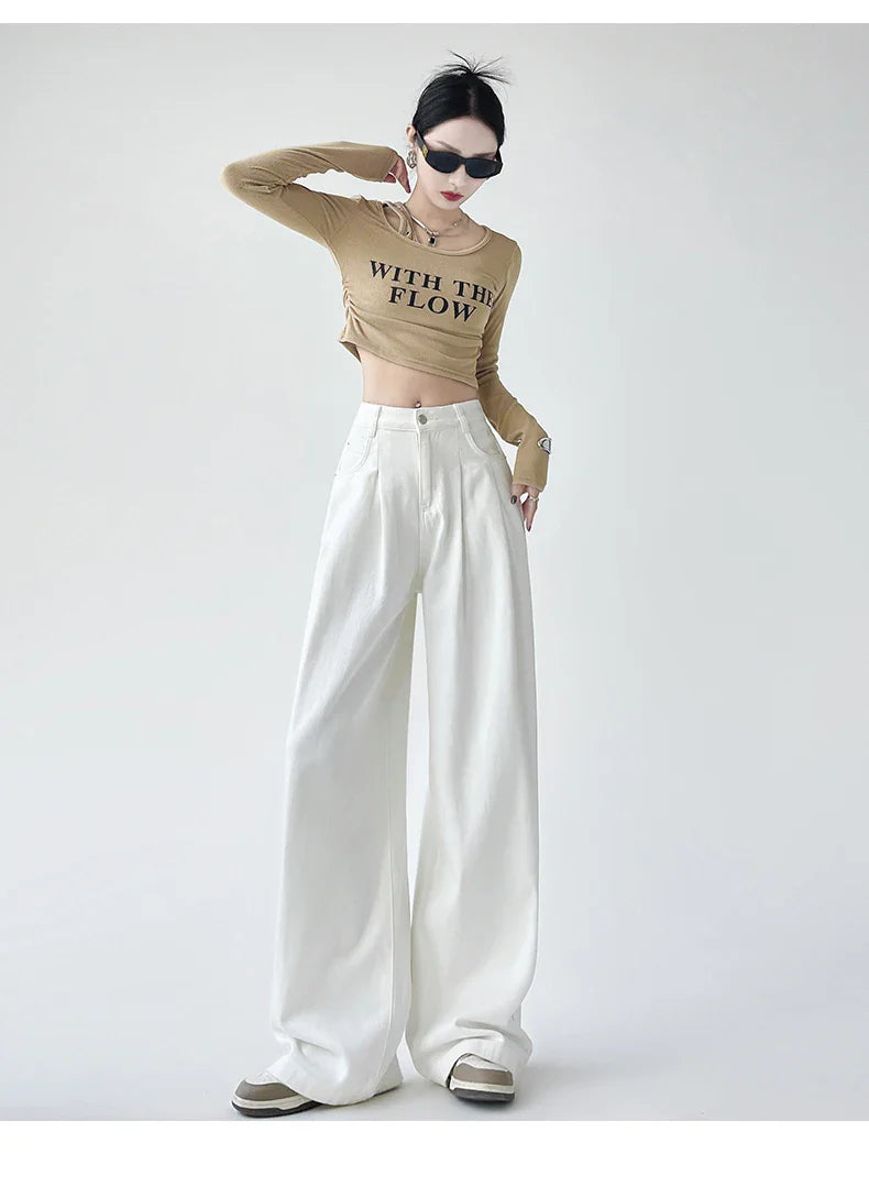 White Thin Pleated High Waist Non-Light Wide Leg Jeans Women's American High-End Loose Straight Lazy Floor-Length Pants