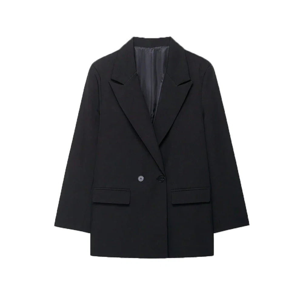 Women's Double-Breasted Solid Color Blazer Coat Long Sleeve Office Wear for Spring Autumn Winter Old Money Style