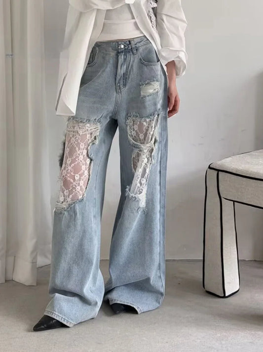 2026 Women's Y2K American Style High Waist Lace Spliced Denim Pants Loose Wide Leg Trousers Fashion Hottie Hole Patchwork Jeans