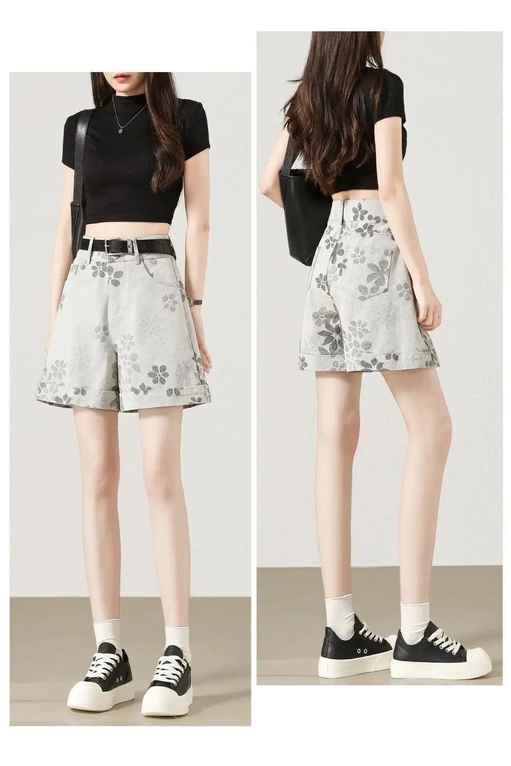 High Waist Floral Print Denim Shorts Women Roll Hem A Line Wide Leg Four Point Pants Summer