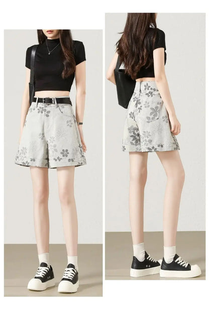 High Waist Floral Print Denim Shorts Women Roll Hem A Line Wide Leg Four Point Pants Summer