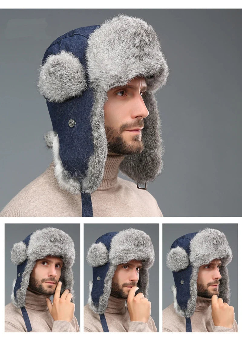 Russia Winter Real fur Hat Unisex Outdoor Windproof Super Warm Real Rabbit Fur Bomber Hats Natural Soft Natural Rabbit Fur Caps