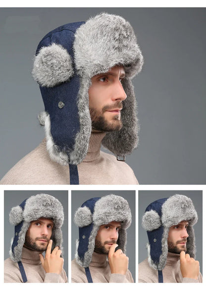 Russia Winter Real fur Hat Unisex Outdoor Windproof Super Warm Real Rabbit Fur Bomber Hats Natural Soft Natural Rabbit Fur Caps